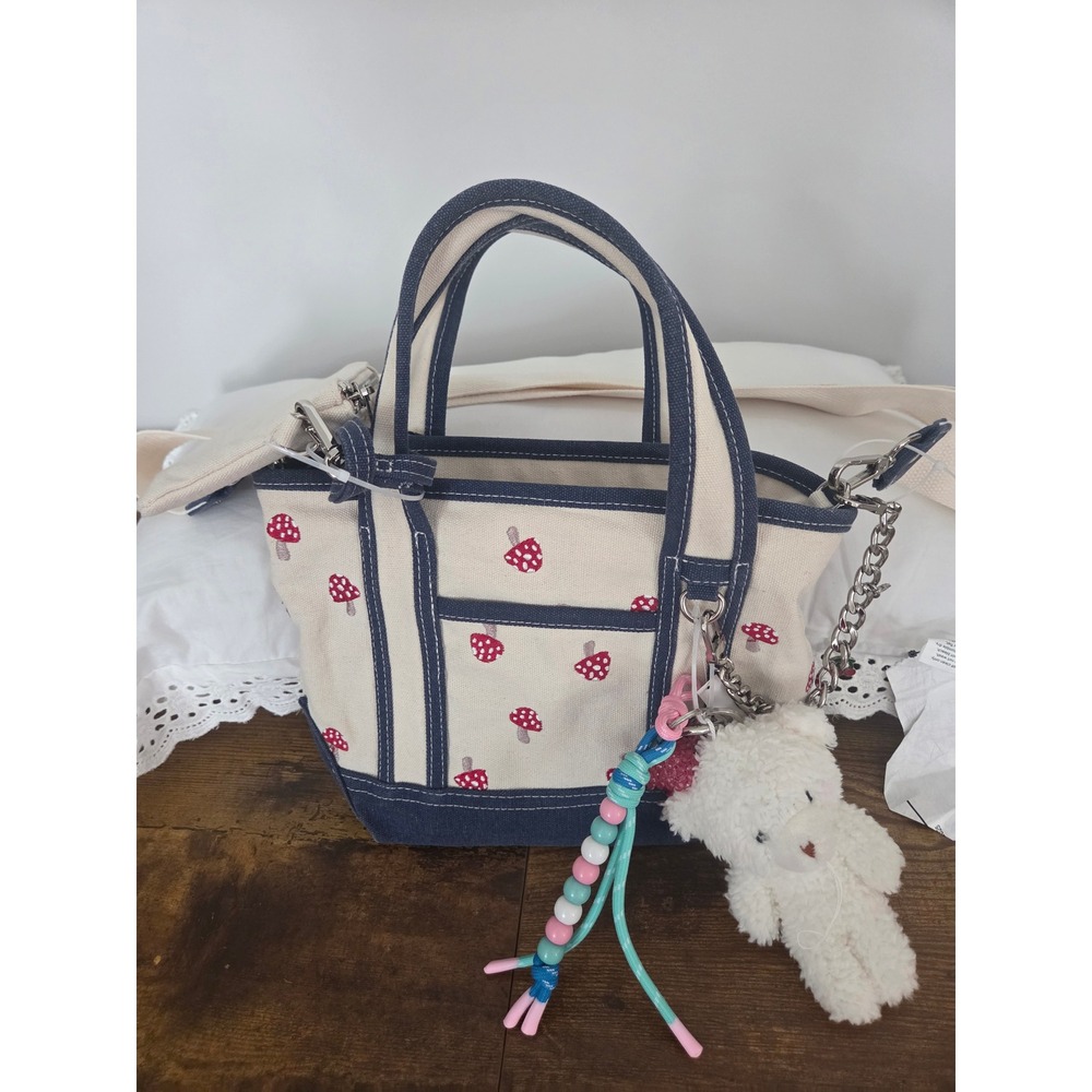 Madden Girl Navy Mini Tote Bag Mushroom Print Canvas Crossbody MG245214 New